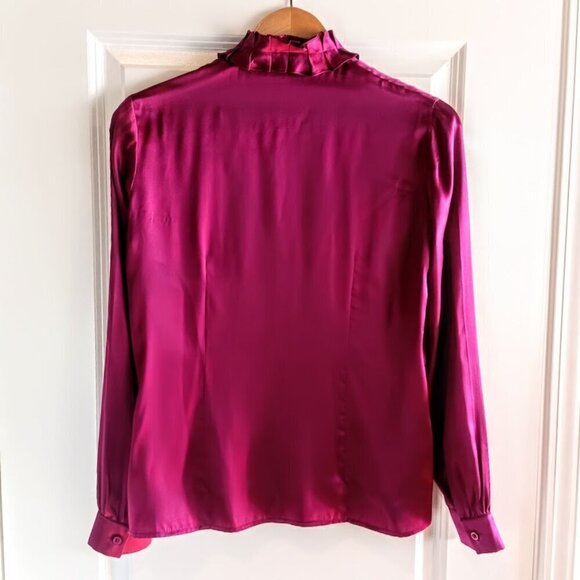 Vintage Anne Klein Maroon Red Pleat Ruffle Front Silk Blouse - Picture 2 of 5